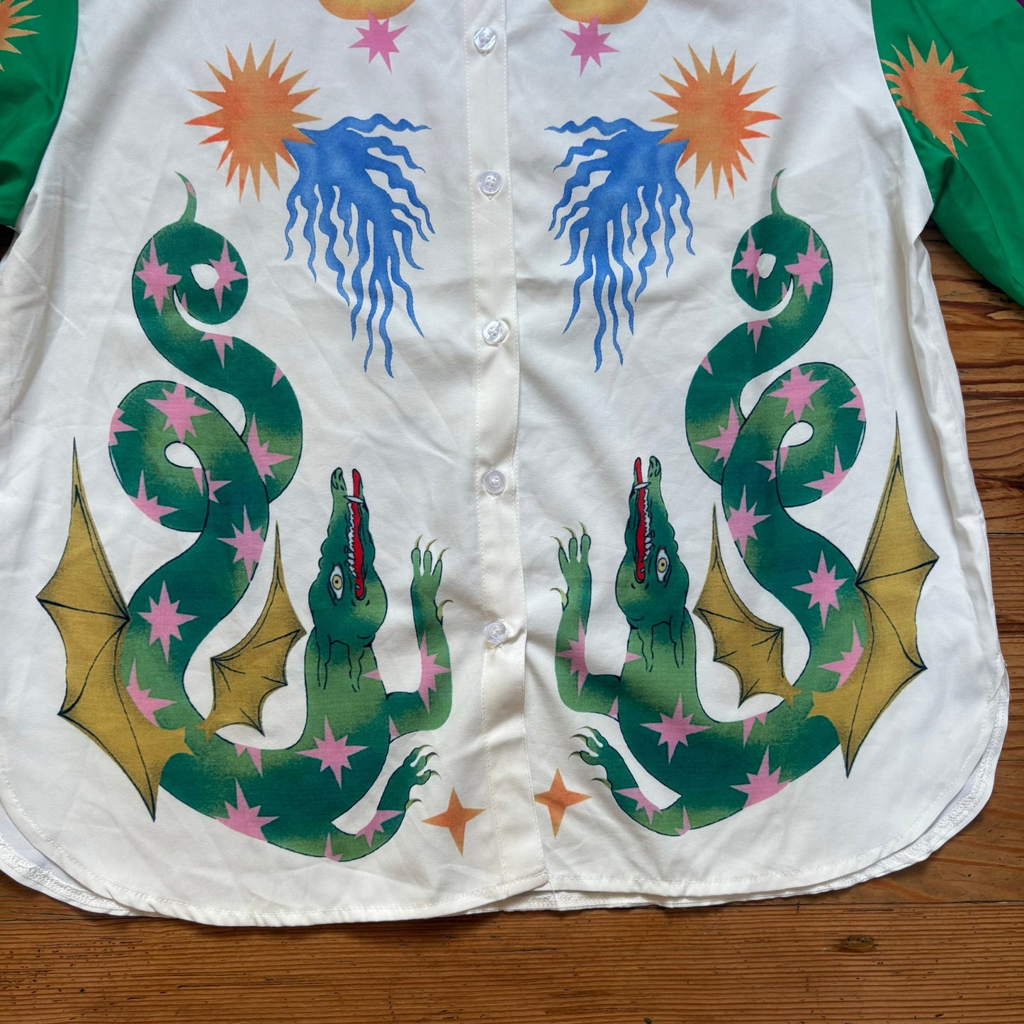 Shein white green dragon sun moon graphic short sleeve button up shirt SIZE L