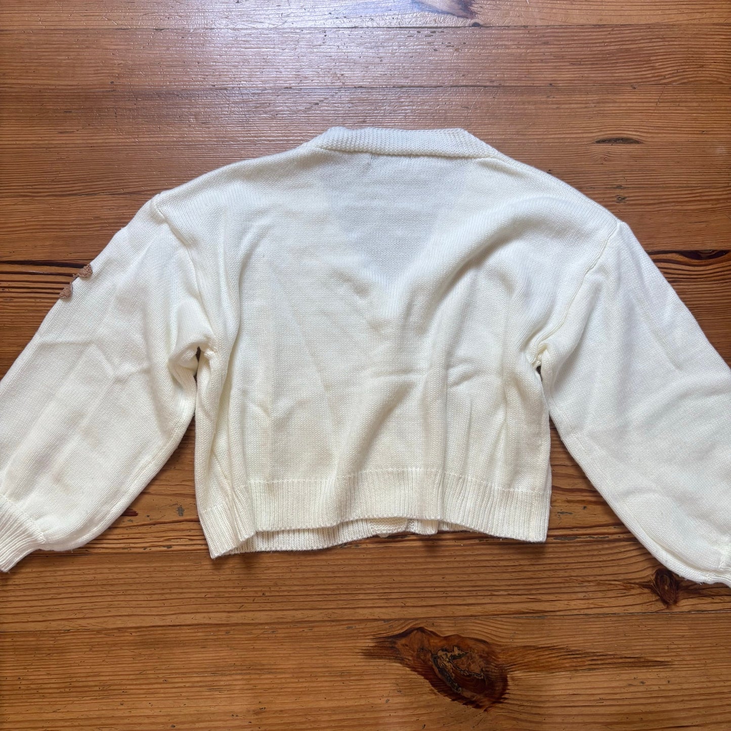 Shein ivory sad teddy bear patches bubble sleeve cropped cardigan sweater SIZE S