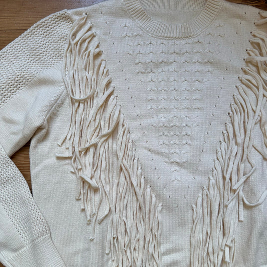 NWT cream western fringe knit crew sweater SIZE M