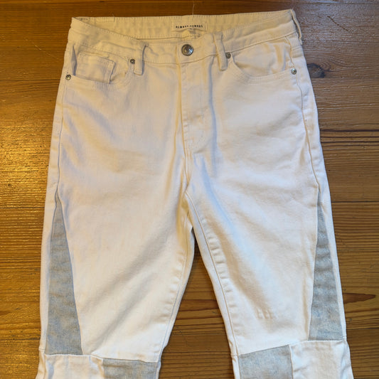 Almost Famous white light wash patchwork high rise flare raw hem jeans SIZE 7