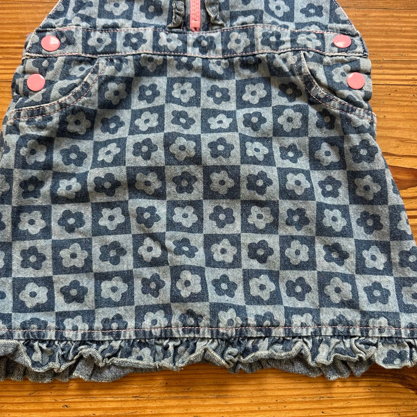 Little Lass blue denim checkered flower overall skirt SIZE 4