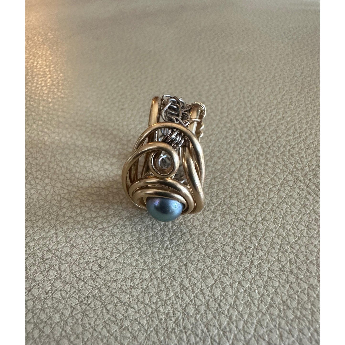 14k Gold Filled Wire with Fine Silver Crochet and a Black Pearl Size 7