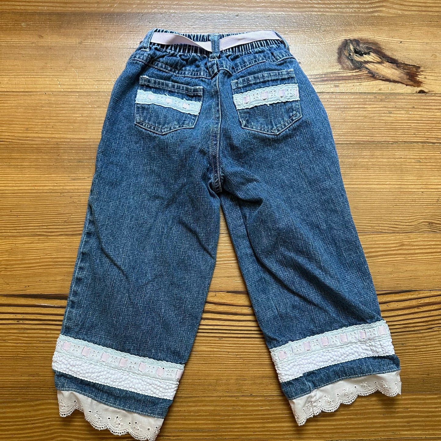 Bunny Business vintage pink lace seersucker medium wash wide leg jeans SIZE 6