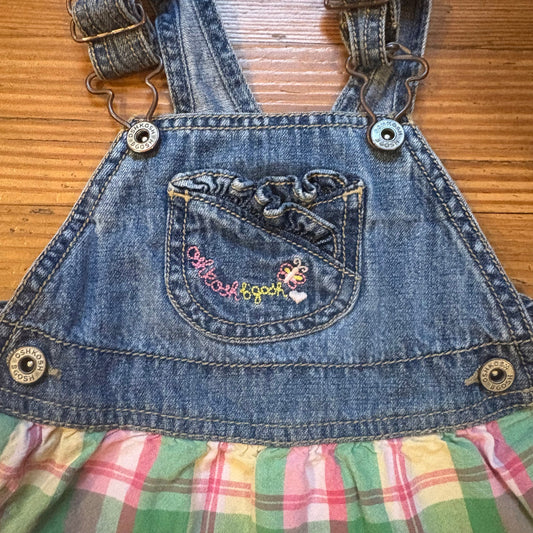 OshKosh B'gosh 90s blue jean pink green plaid baby overall ruffle skirt SIZE 12M