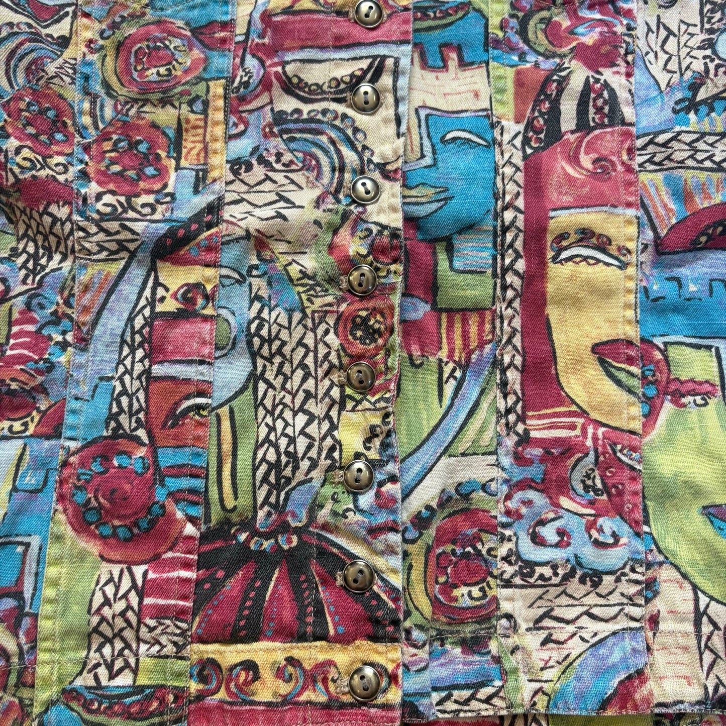 Chico's colorful abstract faces button up long sleeve linen women shirt SIZE 16