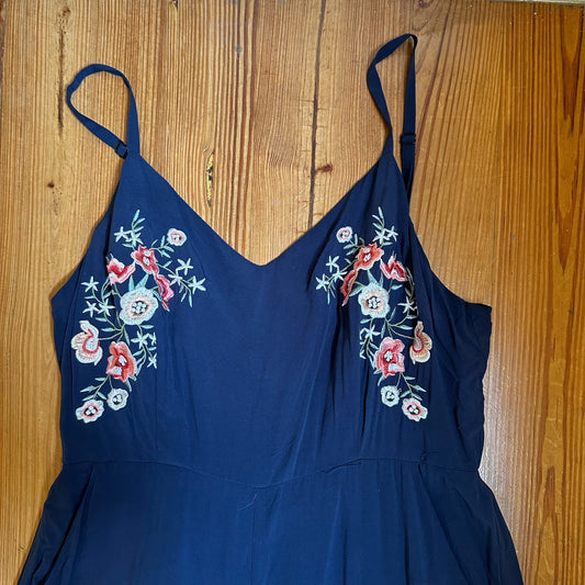 Q&A navy floral embroidery wide leg tank jumpsuit SIZE M