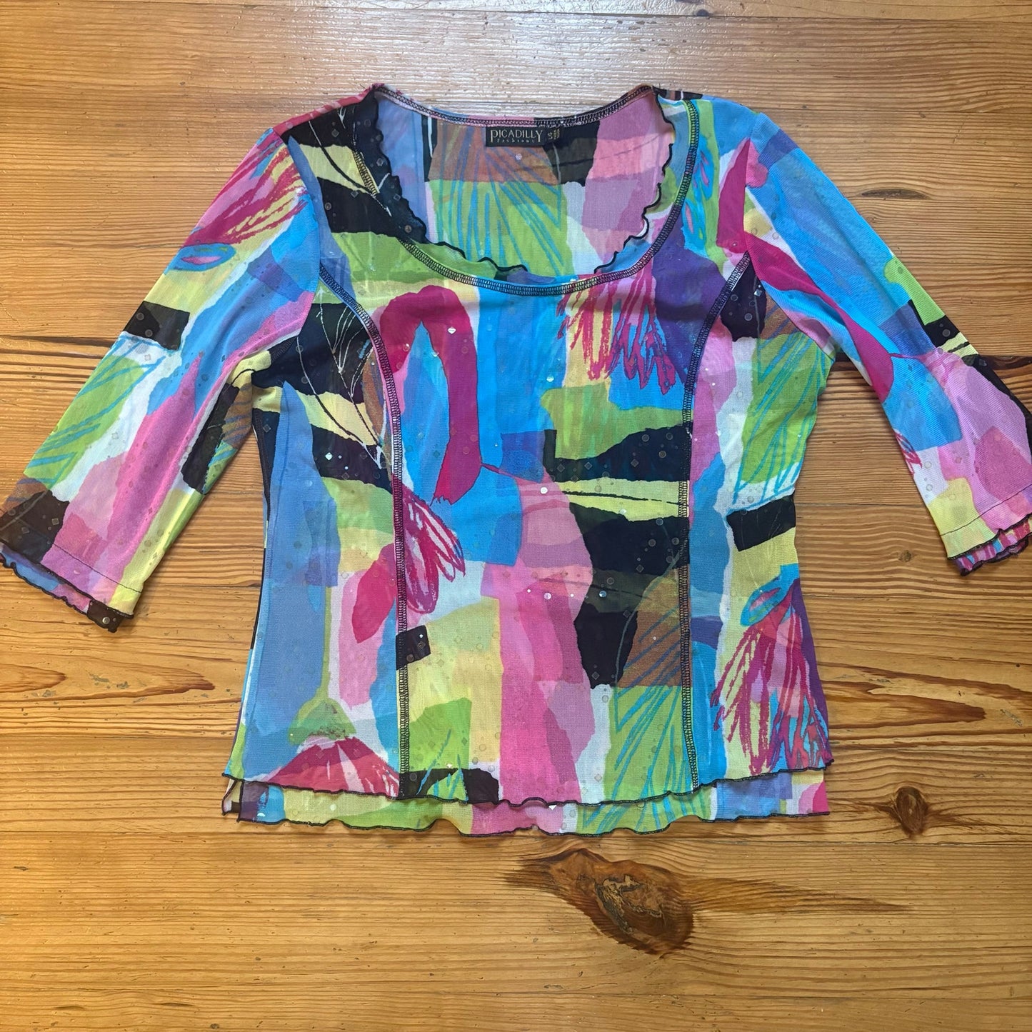 Picadilly Fashions colorful sheer quarter sleeve sequin blouse SIZE L