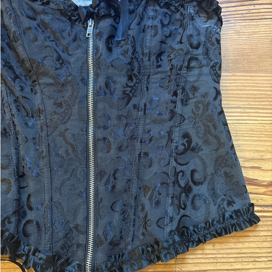 Black satin floral detail zip front lace back corset top SIZE L