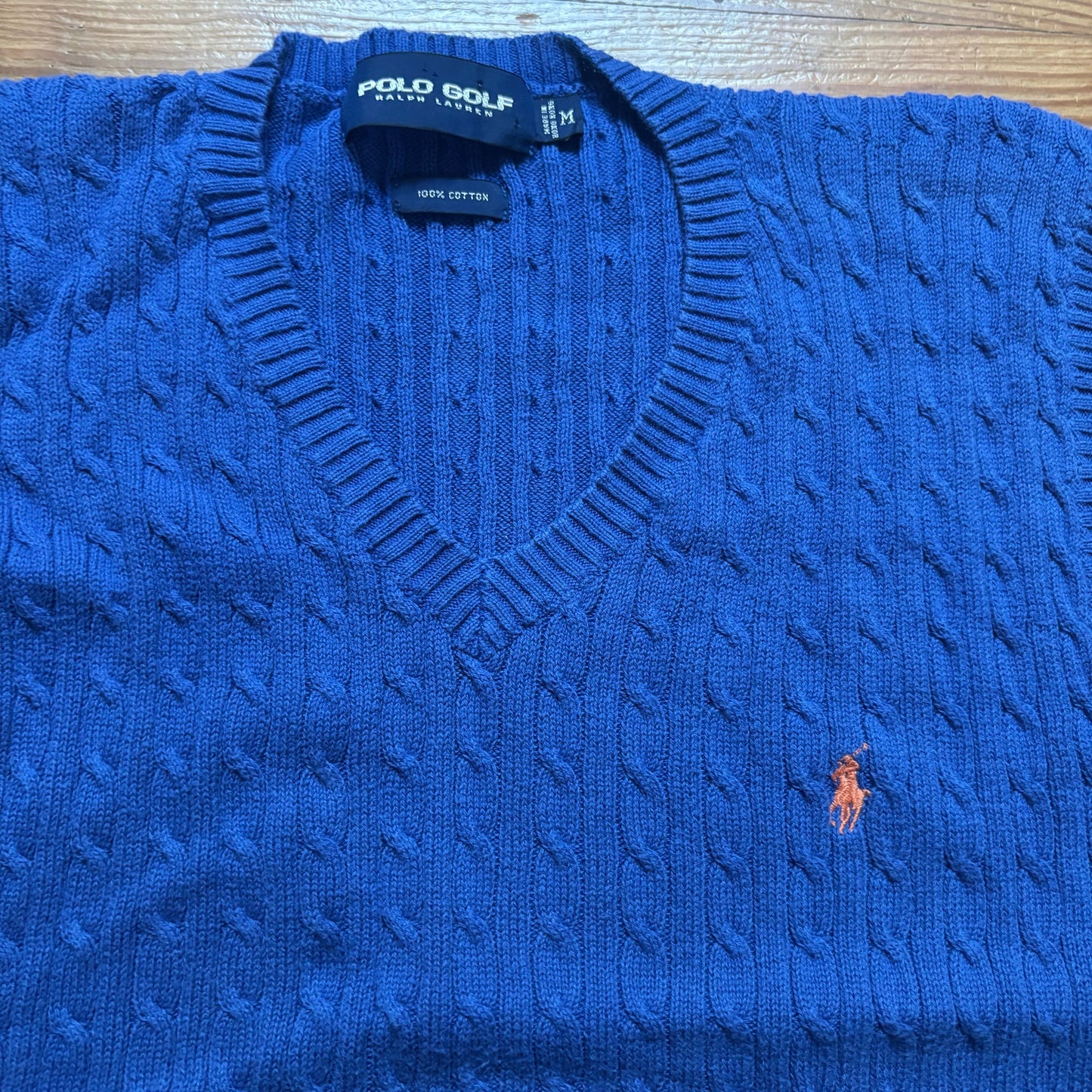 Polo Golf royal blue cotton cable knit mens pullover vest SIZE M