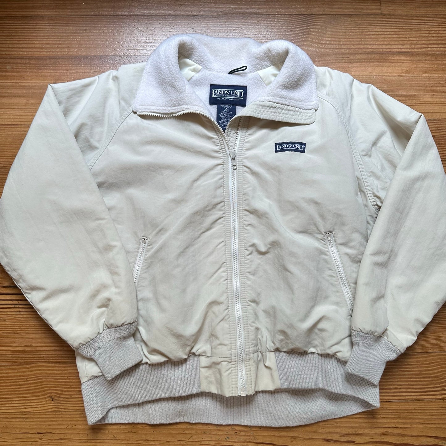 Lands' End vintage cream fleece lined full zip high collar bomber jacket SIZE M