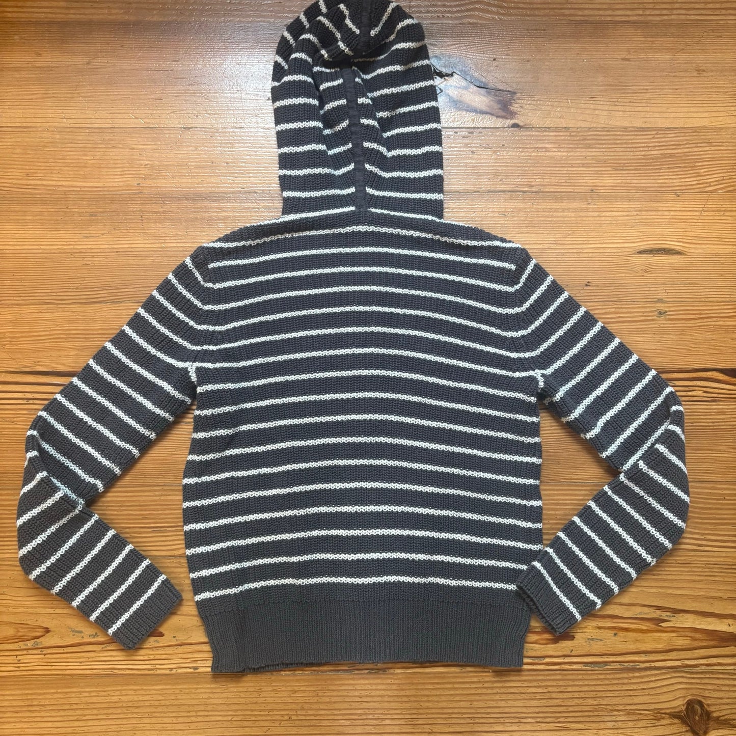 Eileen Fisher gray white striped knit full zip hooded womens sweater SIZE XS