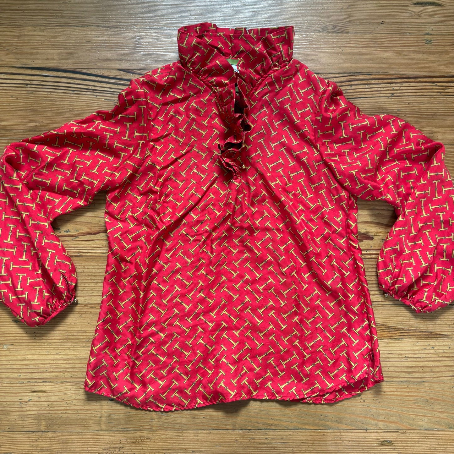 Elizabeth McKay red silk horse ruffle collar long sleeve blouse shirt SIZE 6