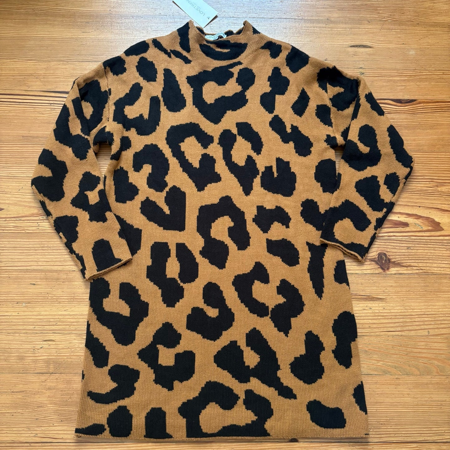 NWT Love Trend brown black cheetah print long sleeve sweater mini dress SIZE L