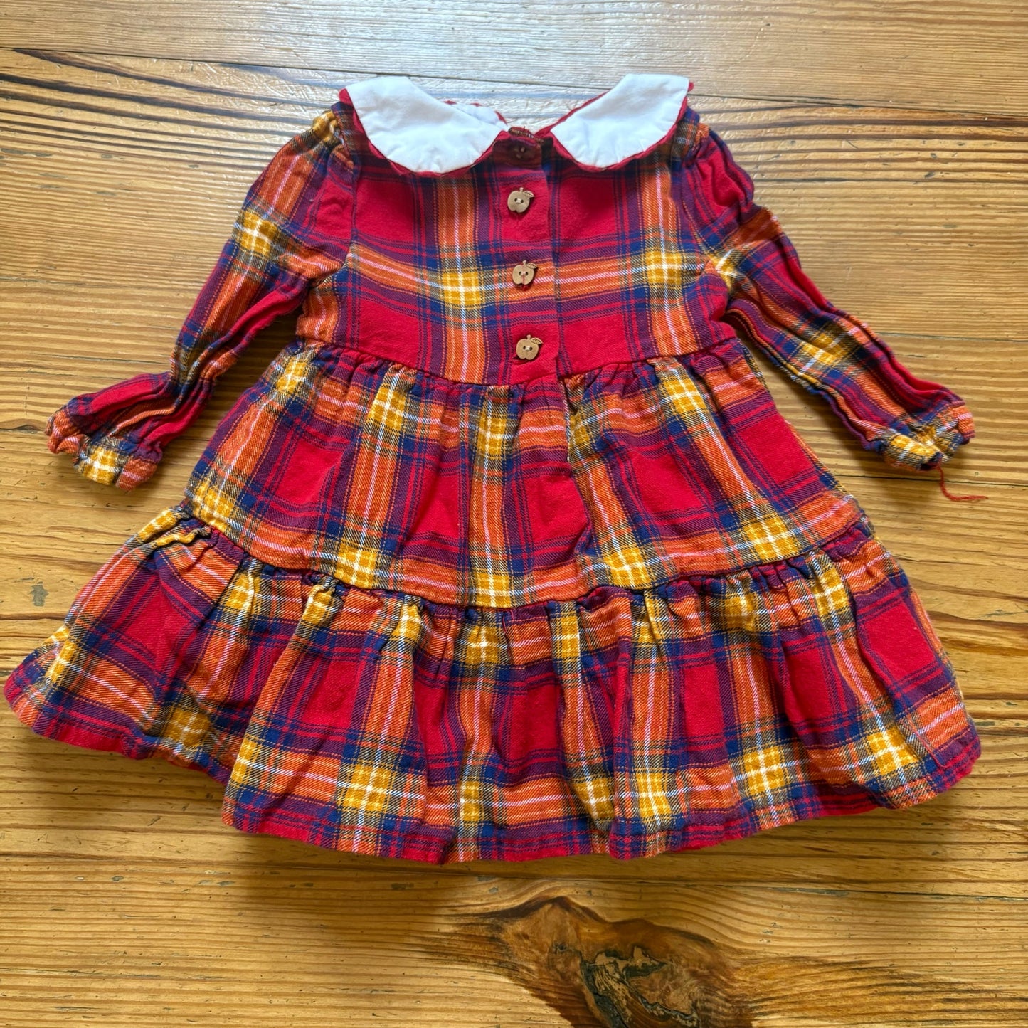 Tahari red plaid apple embroidered collar long sleeve baby dress SIZE 3-6M