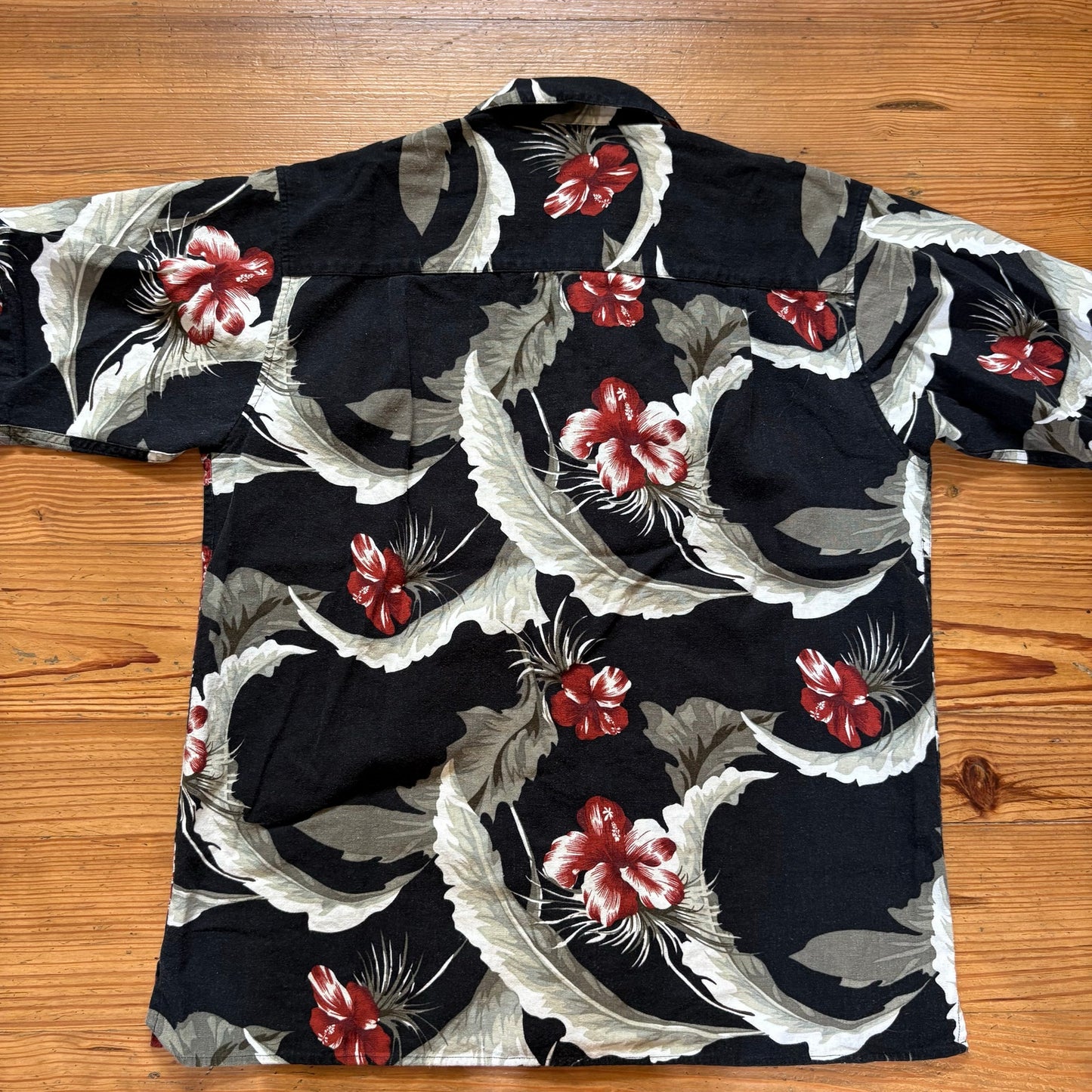 Foliage black green floral linen blend short sleeve button up mens shirt SIZE M