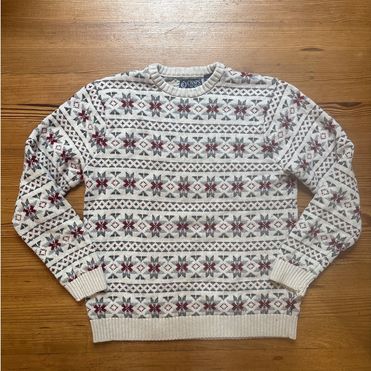 Chaps winter beige snowflake pattern mens crew sweater SIZE LT