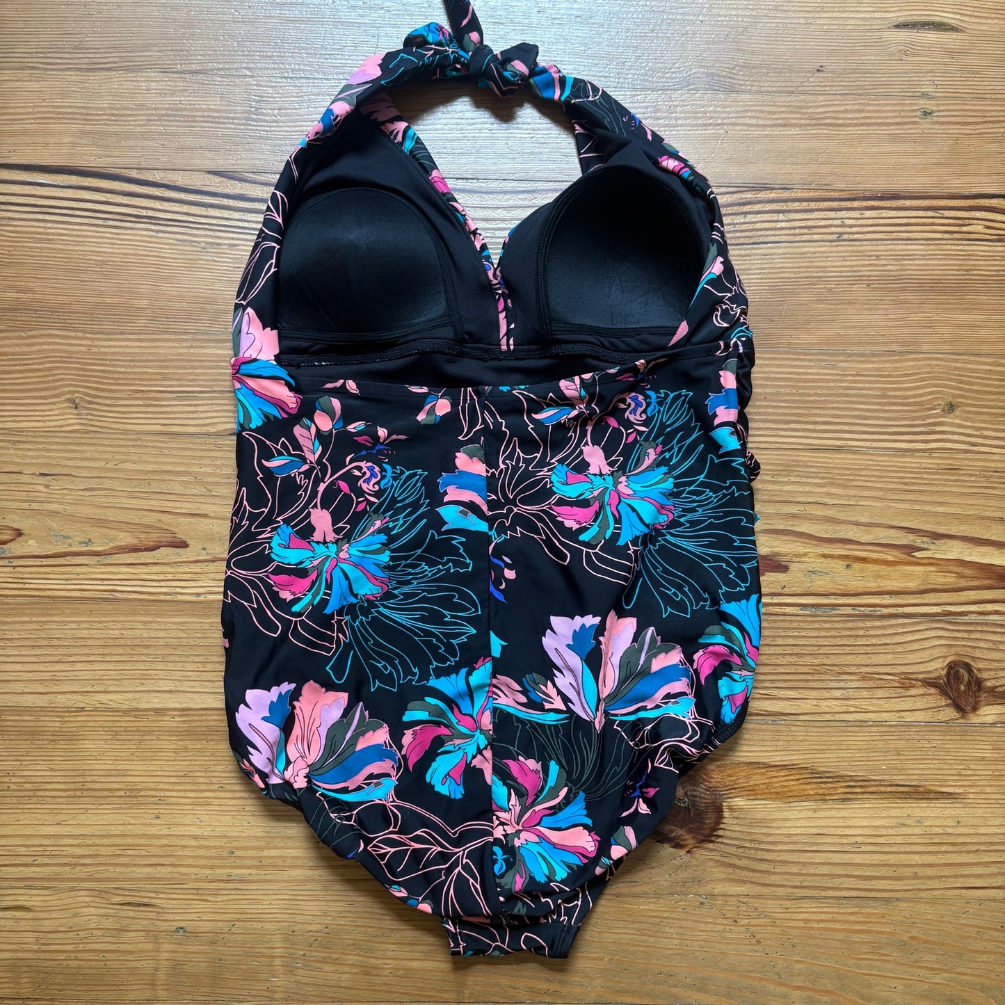 Time and Tru black neon floral padded halter top maternity one piece SIZE XL