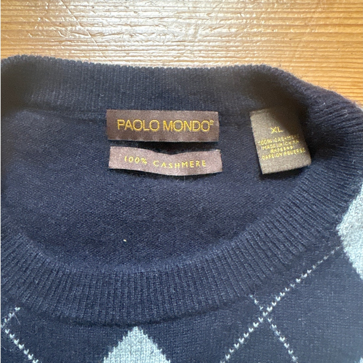 Paolo Mondo cashmere dark navy gray argyle crew mens sweater SIZE XL