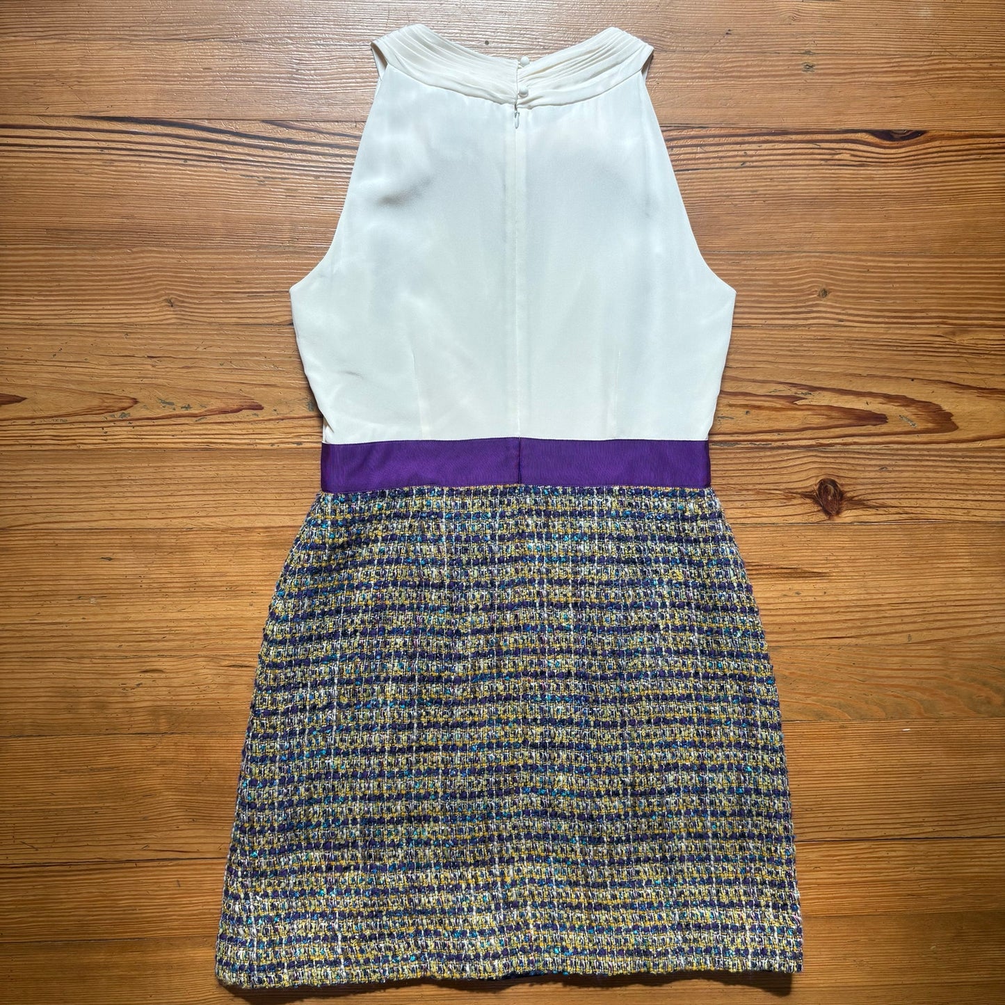 Kate Spade white silk bow purple tweed bottom sleeveless dress SIZE 12