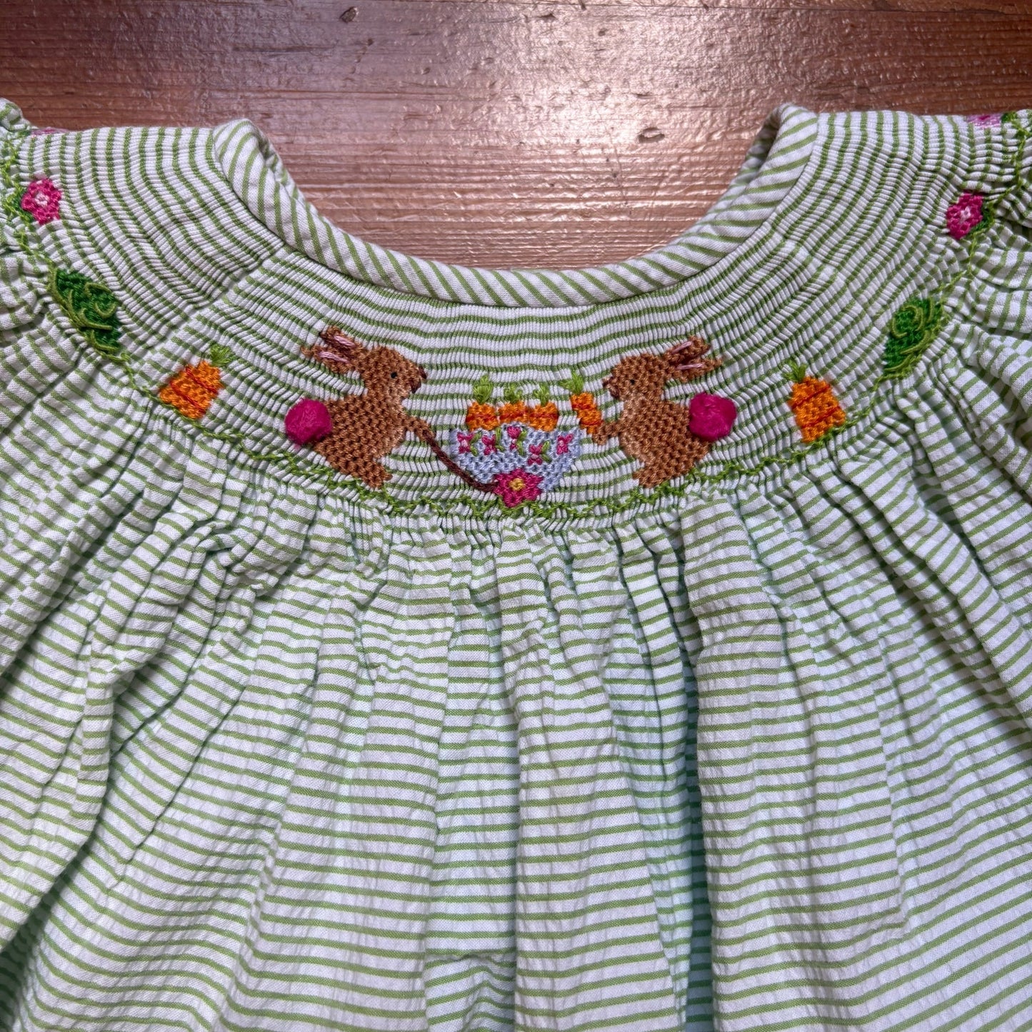 Vive La Fete green white striped seersucker bunny garden smocked dress SIZE 7