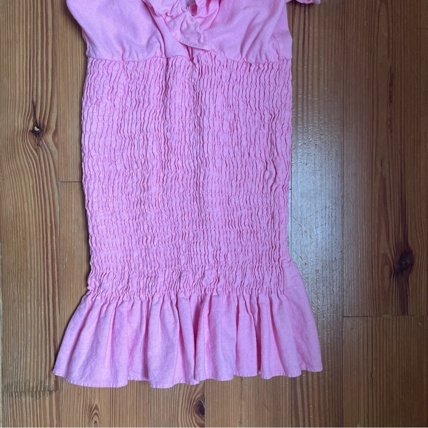 Zara pink linen blend smocked ruffle sleeve midi dress SIZE XS