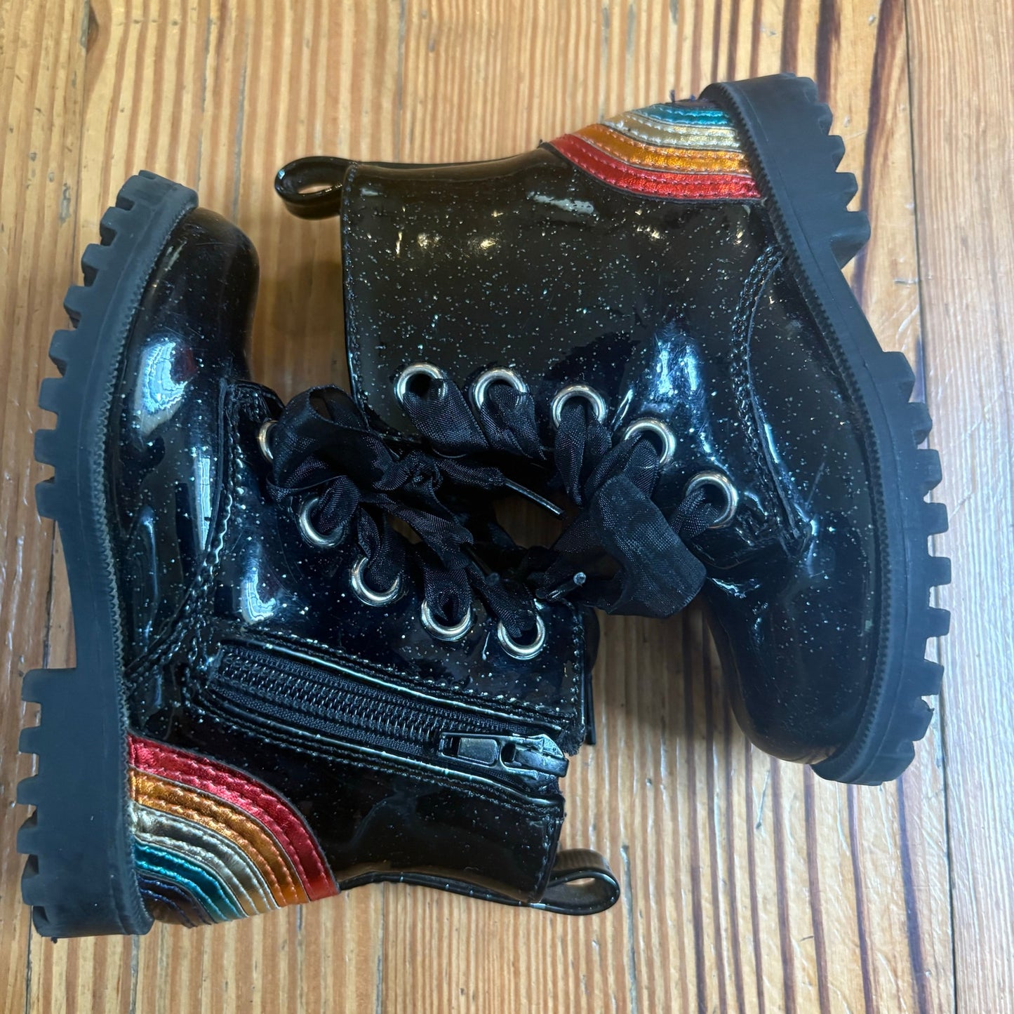 Self Esteem black patent leather rainbow high top lace toddler boots SIZE 6