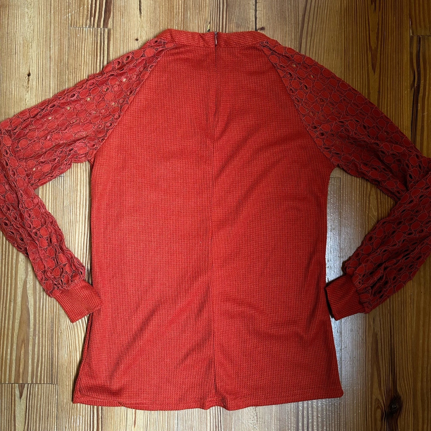Miholl orange lace long sleeve waffle knit tee SIZE S
