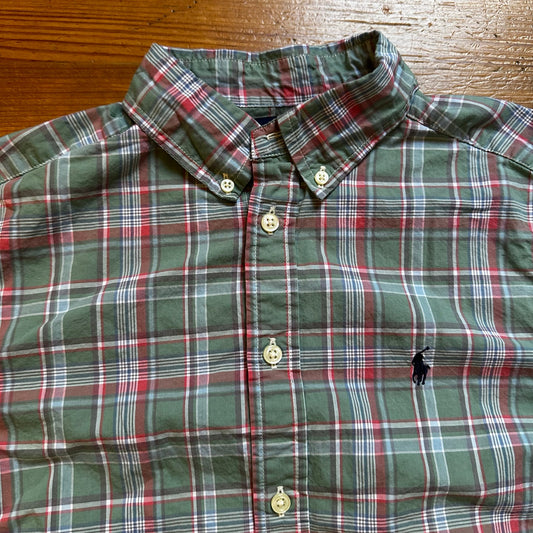 Ralph Lauren green pink plaid long sleeve button up shirt SIZE L 14-16