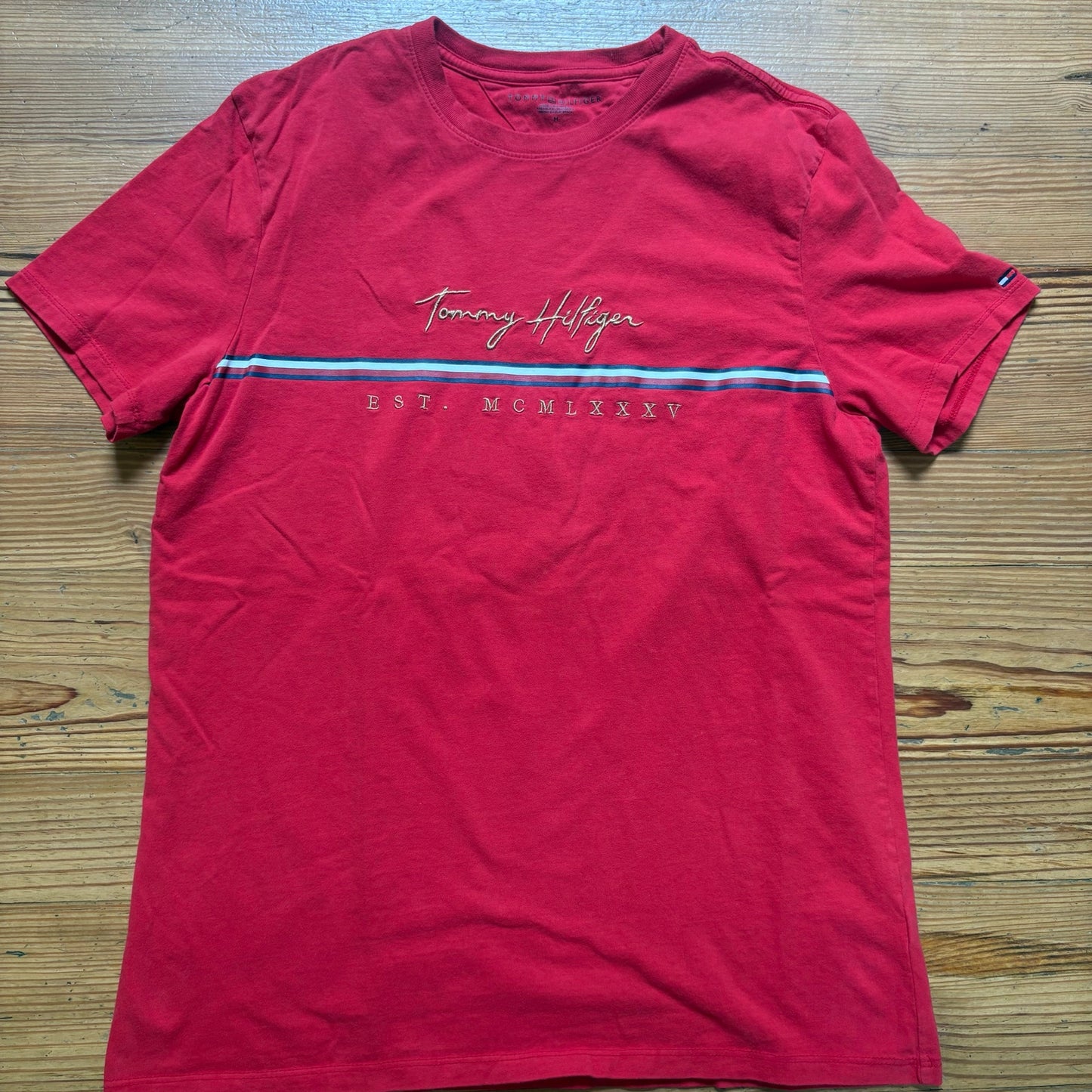 Tommy Hilfiger red retro gold embroidered cotton short sleeve mens shirt SIZE M