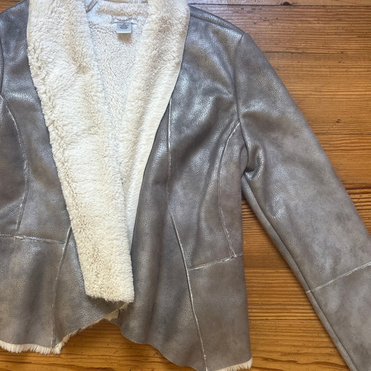 Cache silver metallic faux suede white sherpa lined open jacket SIZE XS
