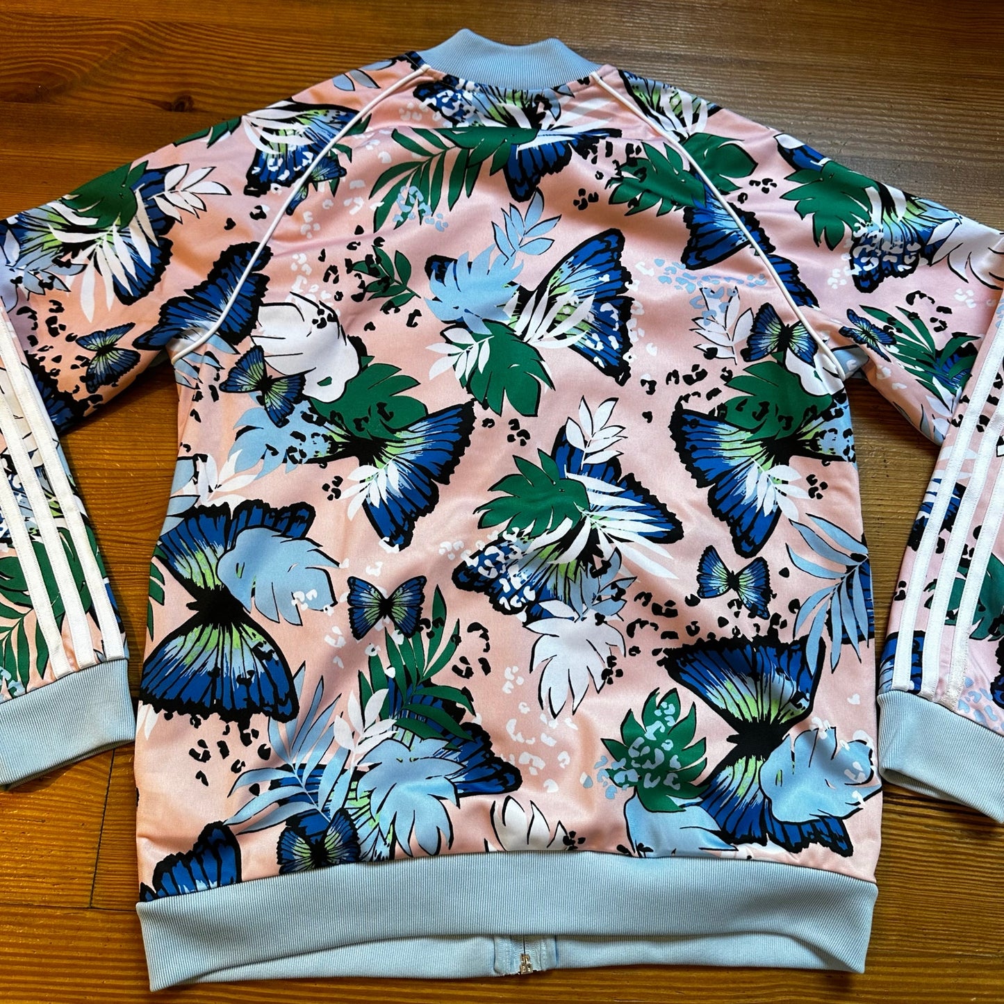 Adidas pink light blue pastel floral butterfly full zip jacket SIZE L