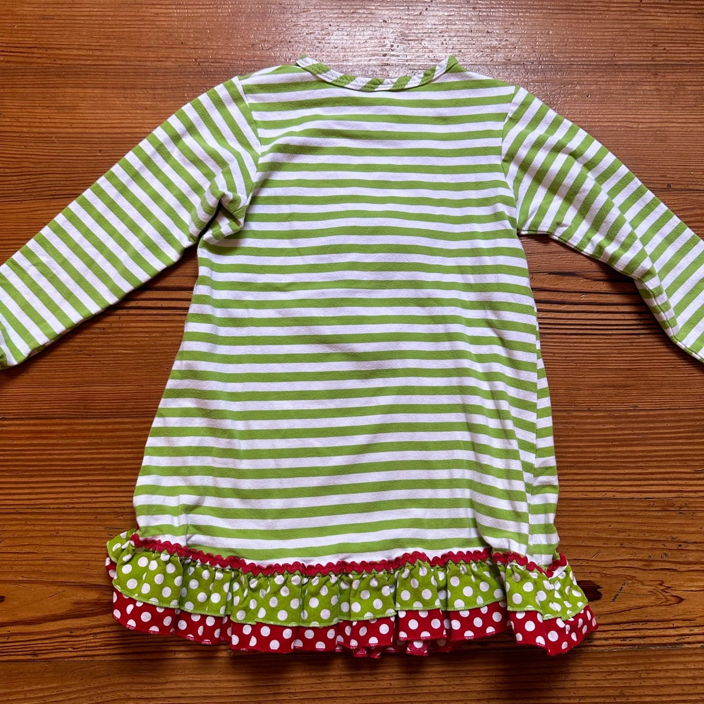 Christmas green white striped reinseer polkadot ruffle long sleeve dress SIZE 5