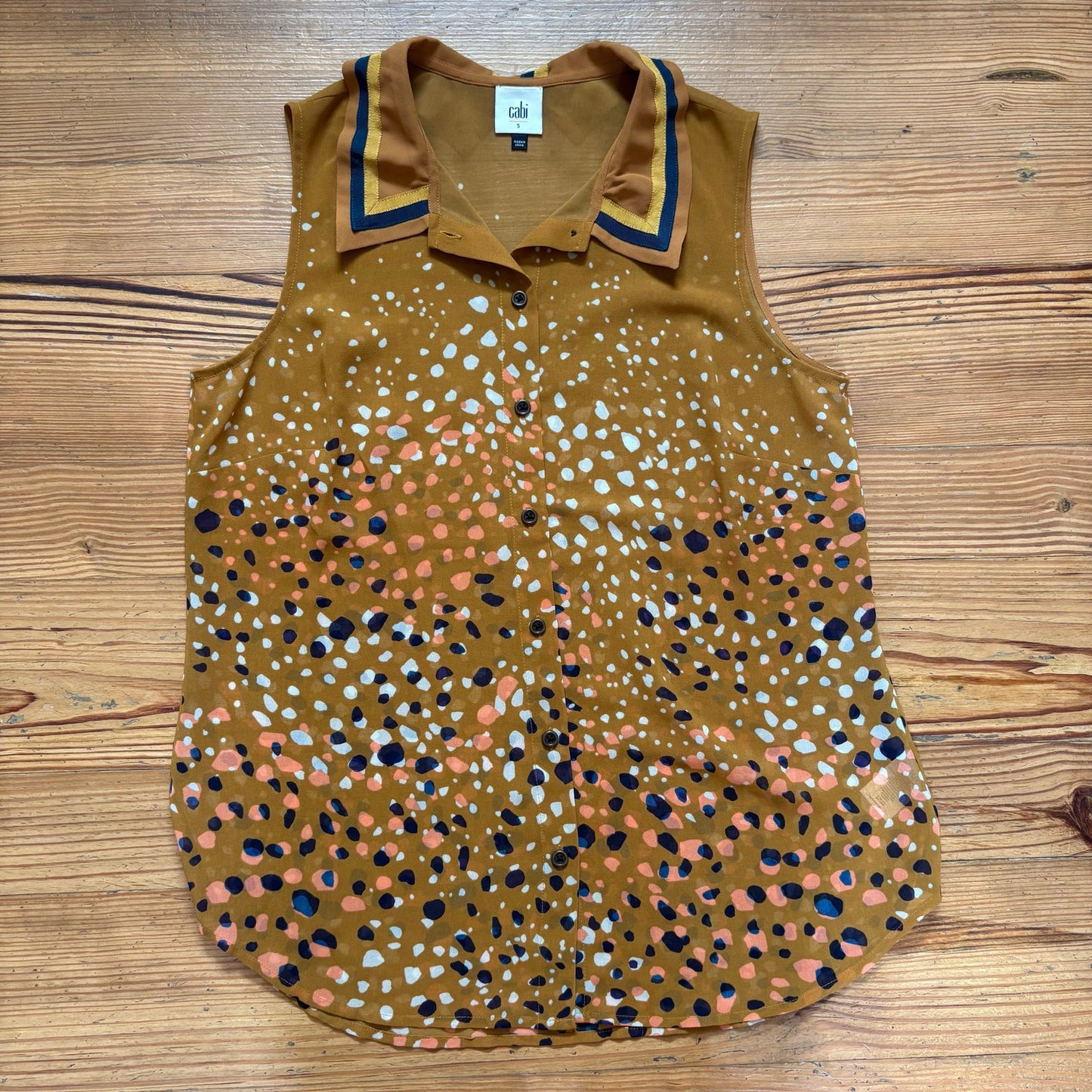CAbi Cheers yellow speckled collar sleeveless sheer blouse SIZE S