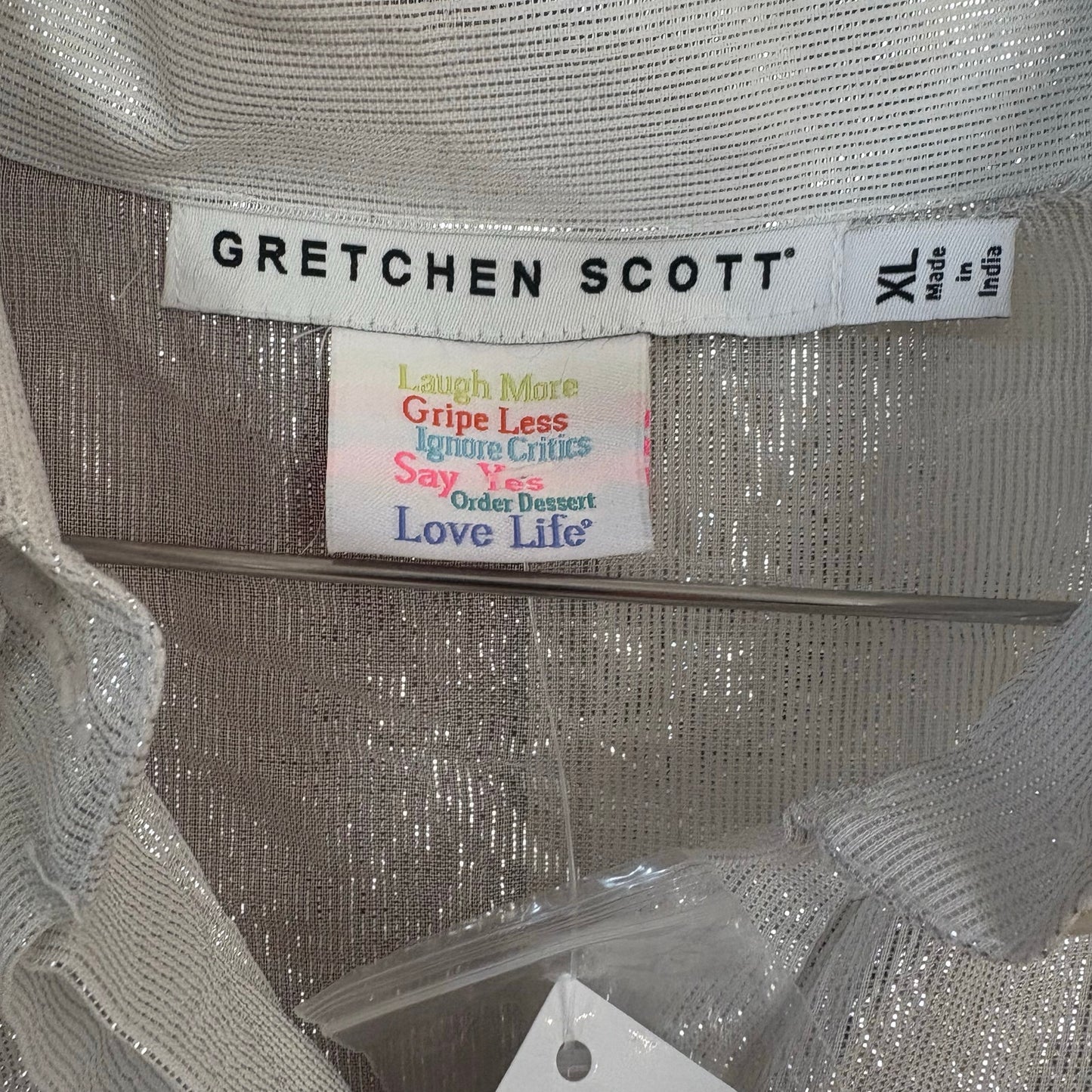NWT Gretchen Scott silver metallic sheer long sleeve button up SIZE XL