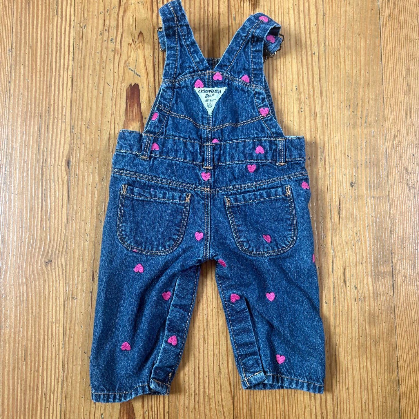 OshKosh B'gosh blue jean pink heart embroidered baby overalls SIZE 6M