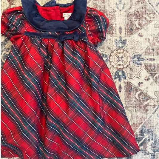 Max Studio red Christmas plaid blue velvet collar short sleeve dress SIZE 24M