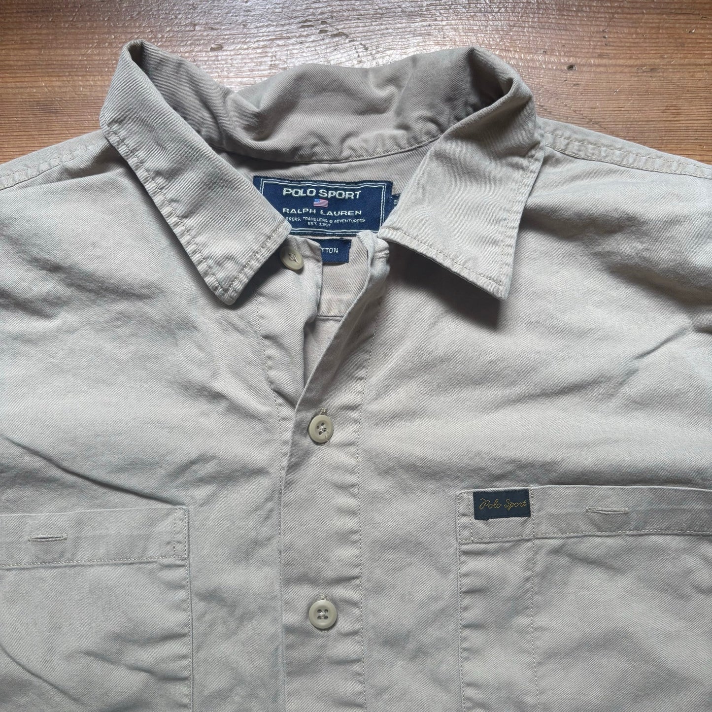 Polo Sport tan American flag button up long sleeve collar shirt SIZE L