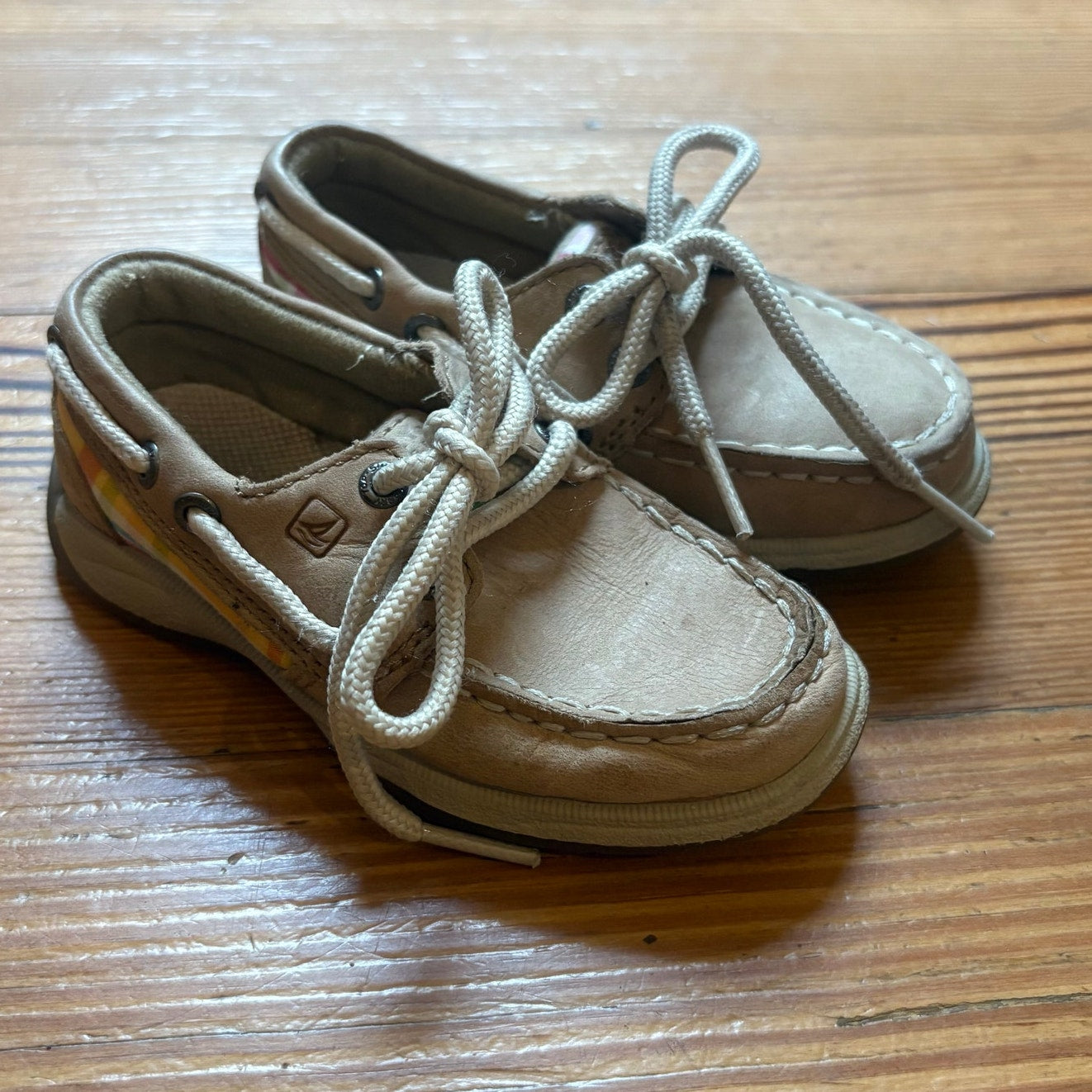Sperry Top Sider tan leather pink plaid baby boat shoes SIZE 6.5