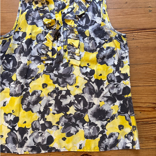 Kenar yellow gray silk feminine romantic floral sleeveless ruffle blouse SIZE M