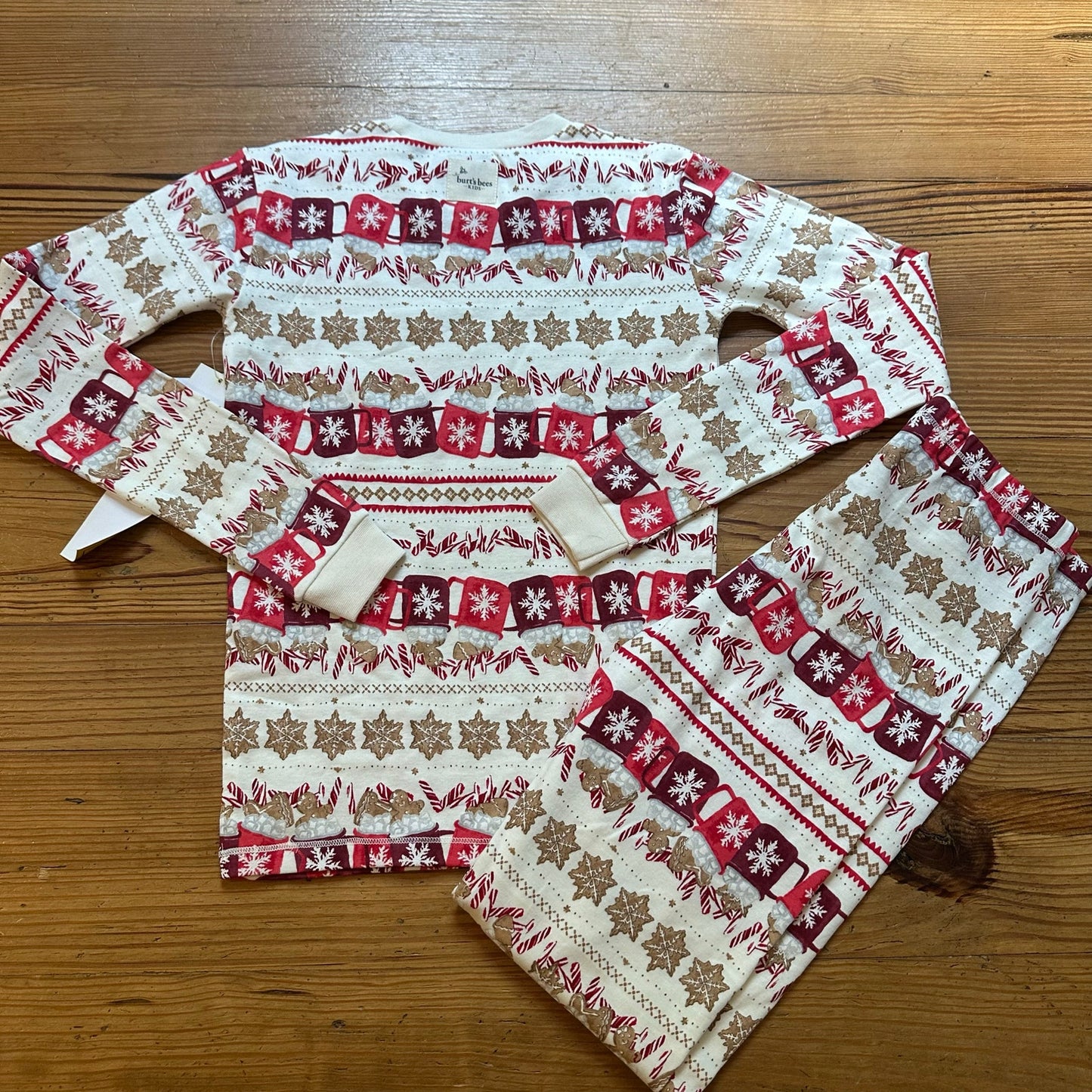 NWT Burt's Bees red beige Christmas cookie long sleeve pant pajama set SIZE 12