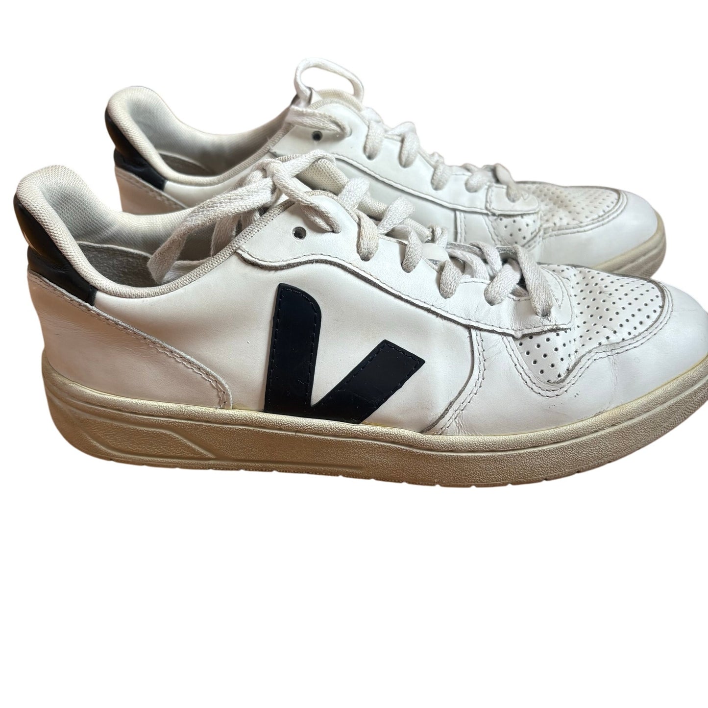 VEJA white leather black accents low top mens lace sneakers SIZE 9