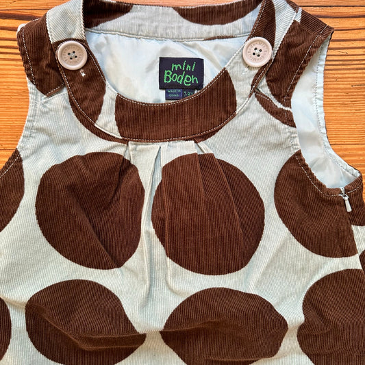 Mini Boden light blue brown polka dot corduroy overall dress SIZE 7