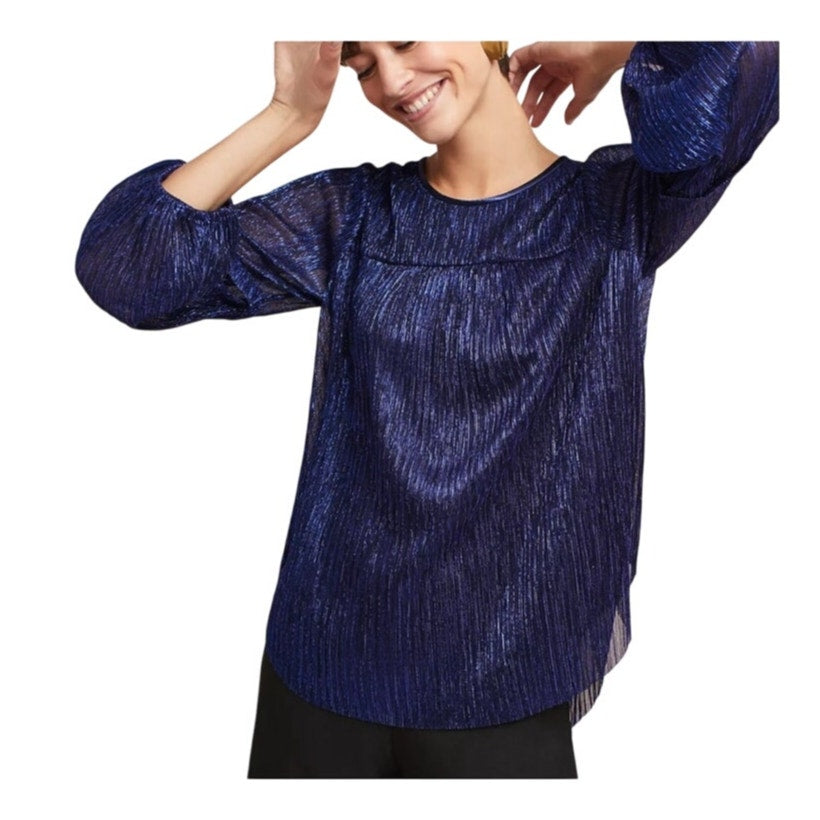 Anthropologie Moulinette Soeurs blue ruffle metallic long sleeve blouse SIZE S