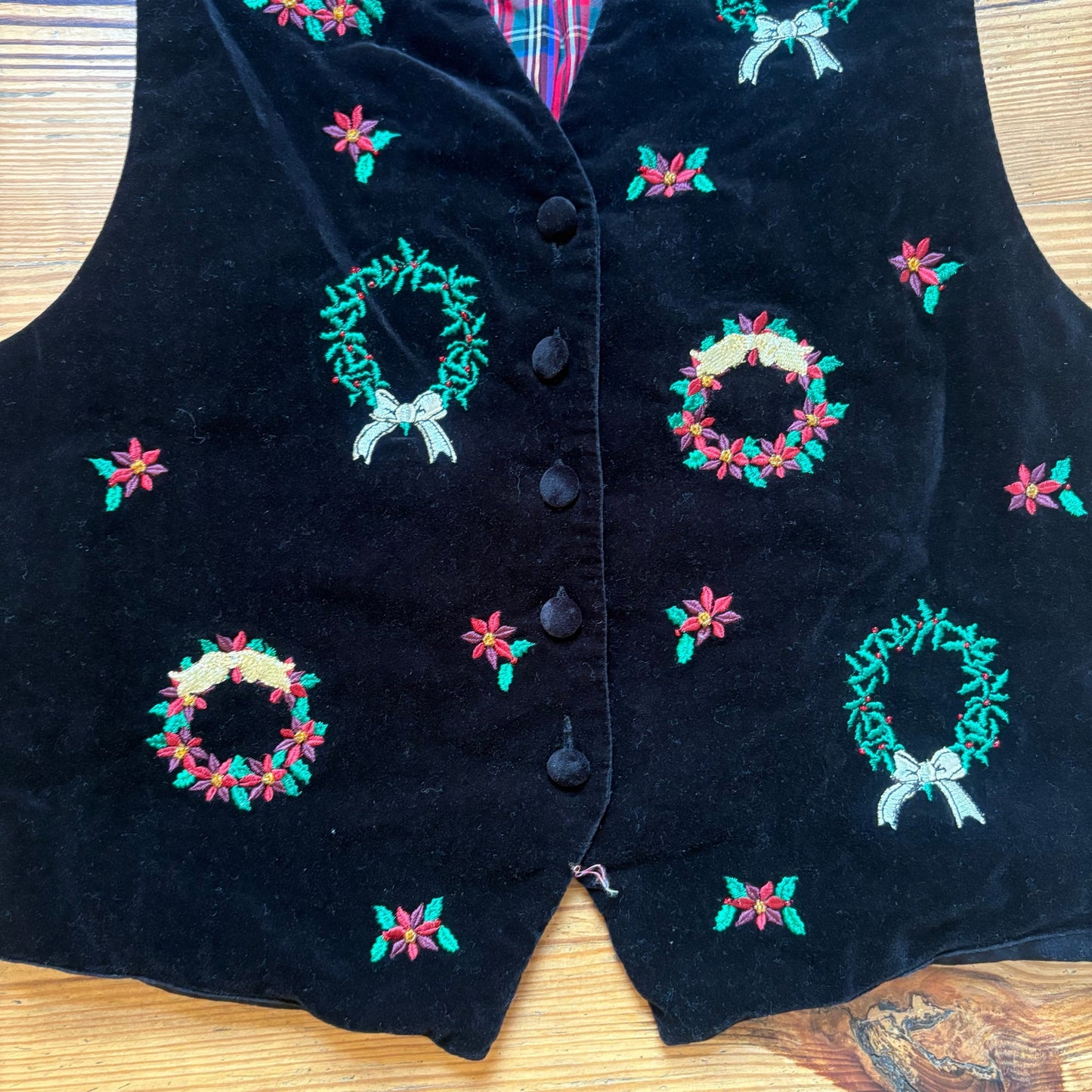 Karen Scott black velvet Christmas holiday embroidered button vest SIZE L