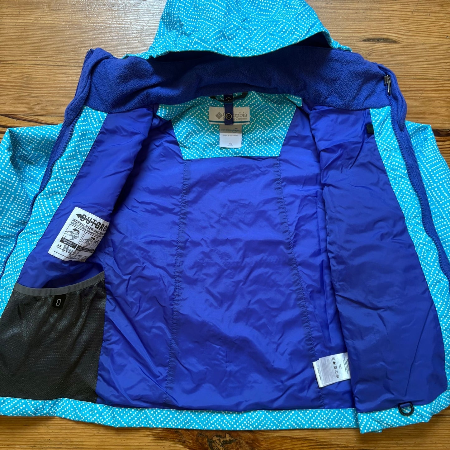 Columbia light blue white dotted full zip hooded girls coat SIZE XS