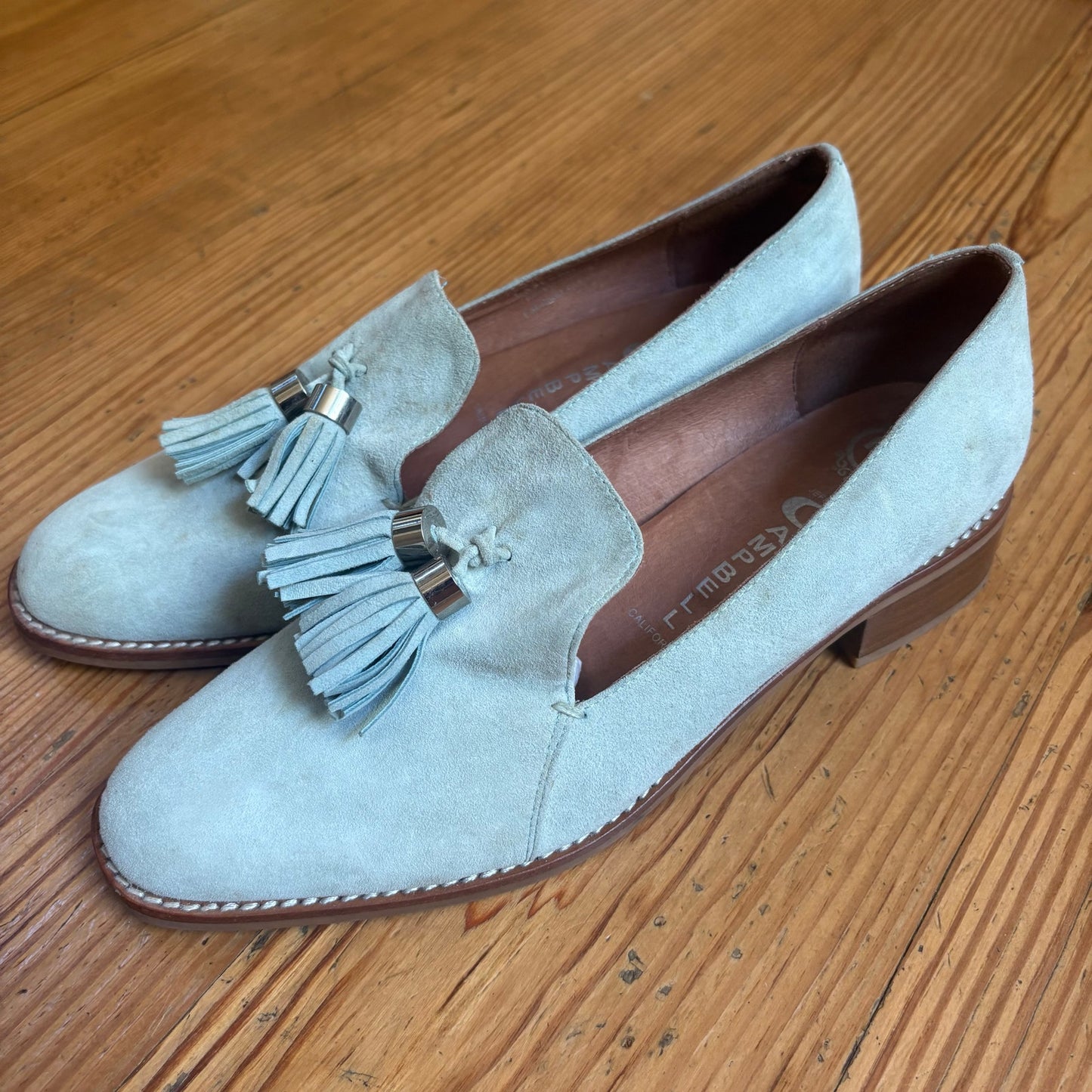 Jeffrey Campbell mint green suede tassel heeled loafers SIZE 9