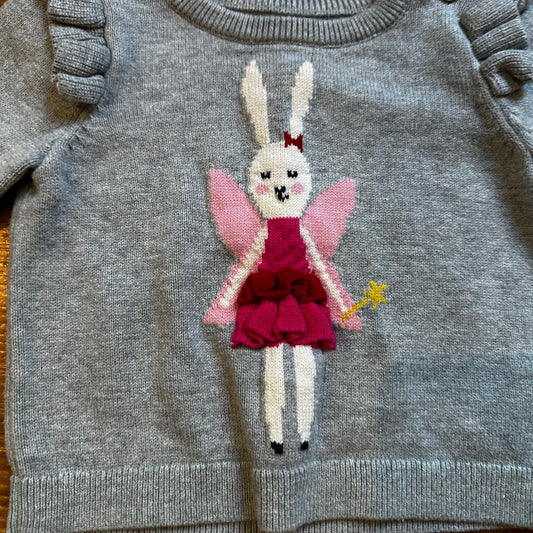 Gap gray pink bunny fairy knit ruffle crew sweater SIZE 6-12M