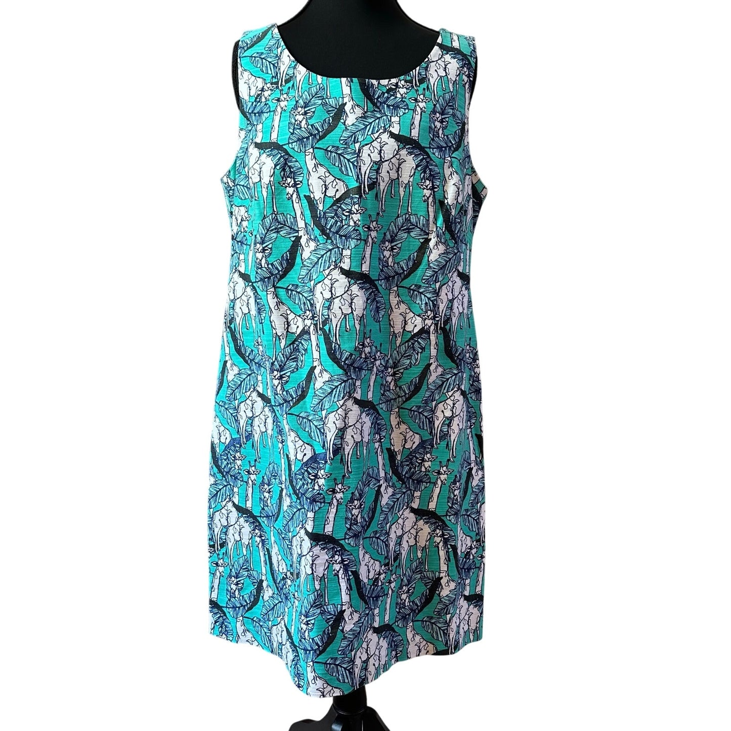 Talbots teal blue giraffe pattern sleeveless shift dress SIZE 12P