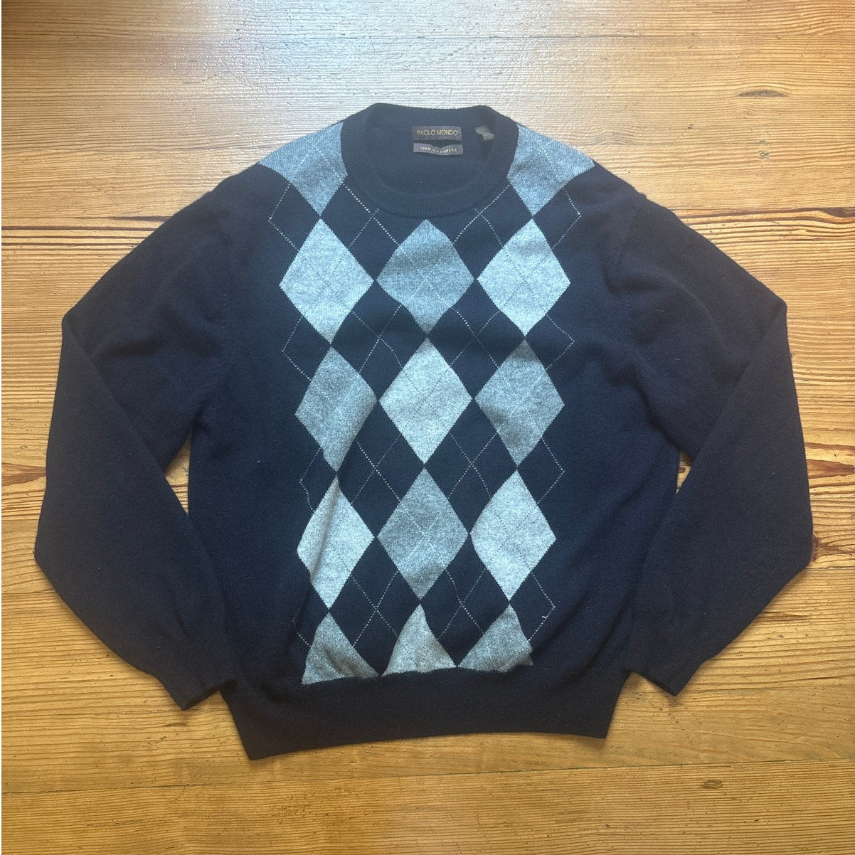 Paolo Mondo cashmere dark navy gray argyle crew mens sweater SIZE XL
