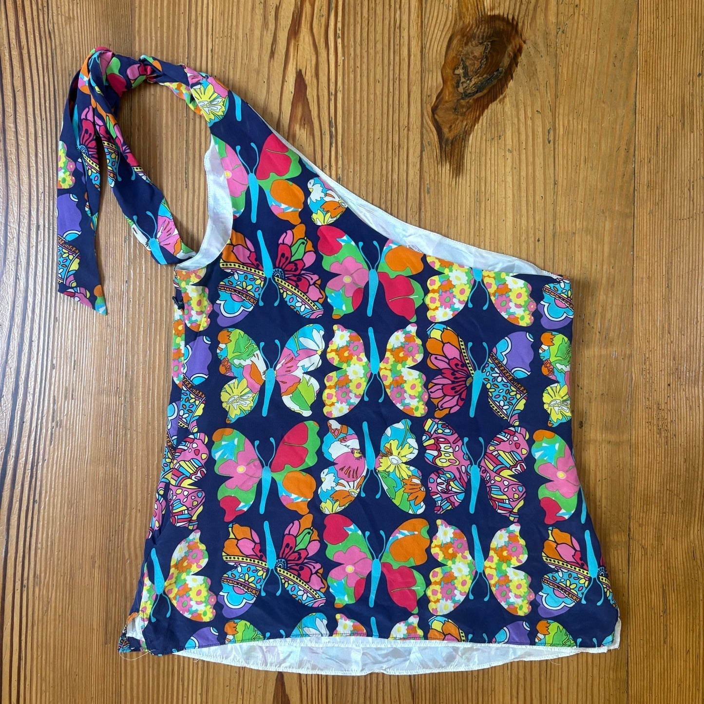 Lilly Pulitzer silk blue colorful butterflies one shoulder tie blouse SIZE 0